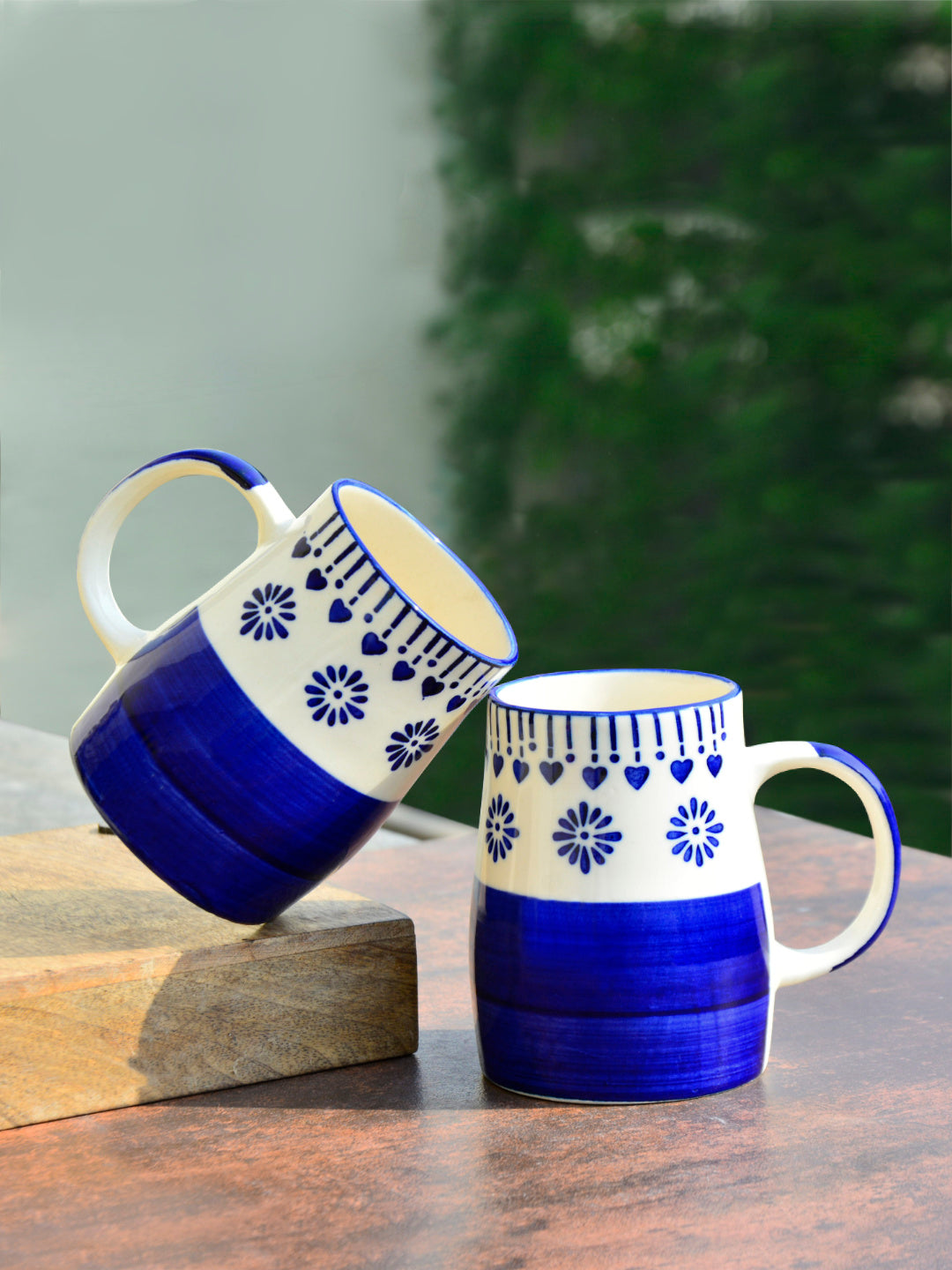 Hand Painted Ceramic Jumbo Coffee Mugs (450 ml, Blue & Off White, Set of 2) - View 3
