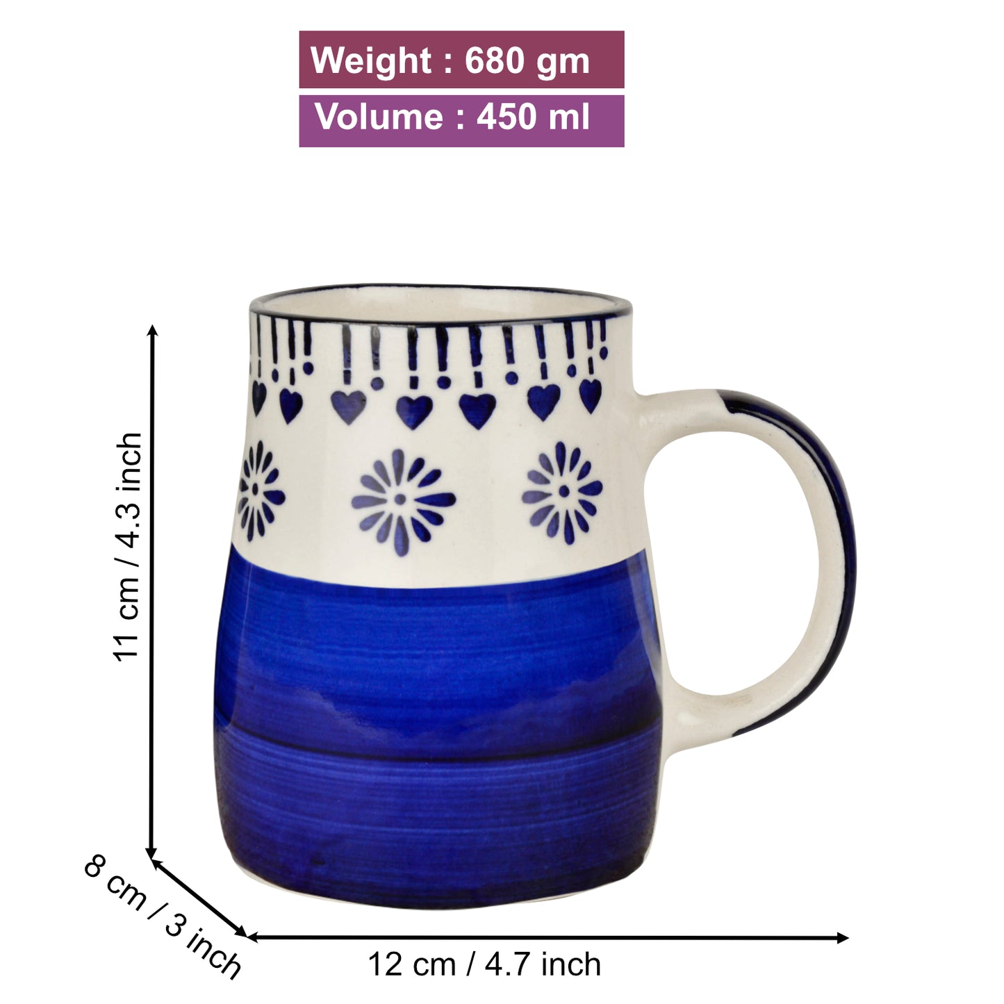 Hand Painted Ceramic Jumbo Coffee Mugs (450 ml, Blue & Off White, Set of 2) - View 2