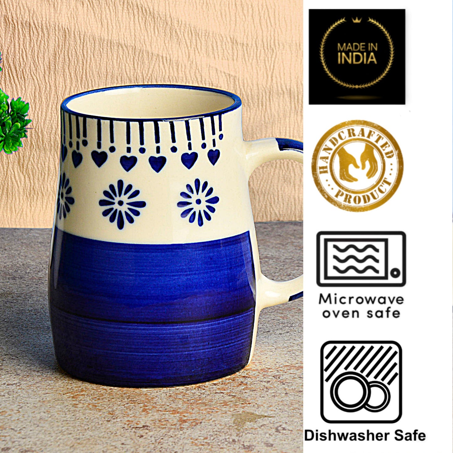 Hand Painted Ceramic Jumbo Coffee Mugs (450 ml, Blue & Off White, Set of 2) - View 5