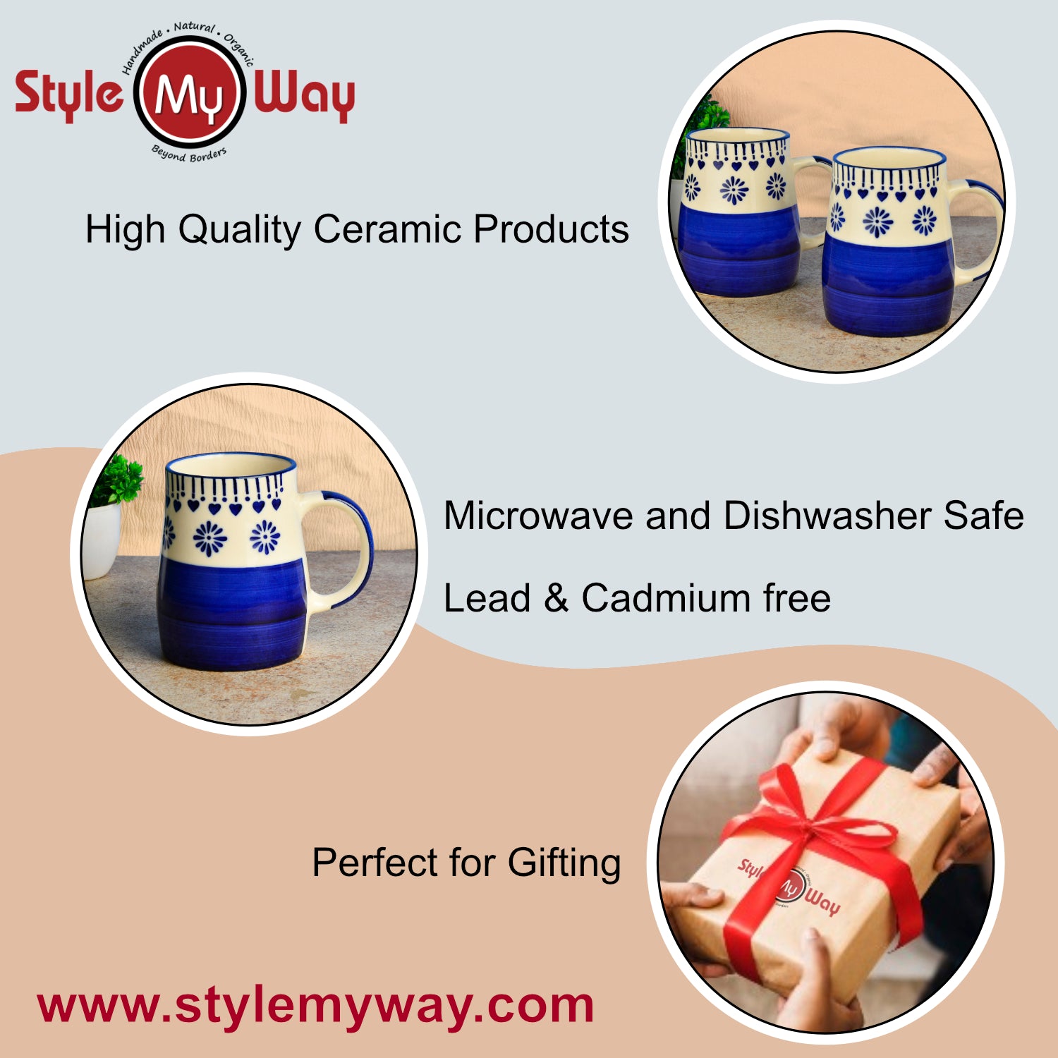 Hand Painted Ceramic Jumbo Coffee Mugs (450 ml, Blue & Off White, Set of 2) - View 6