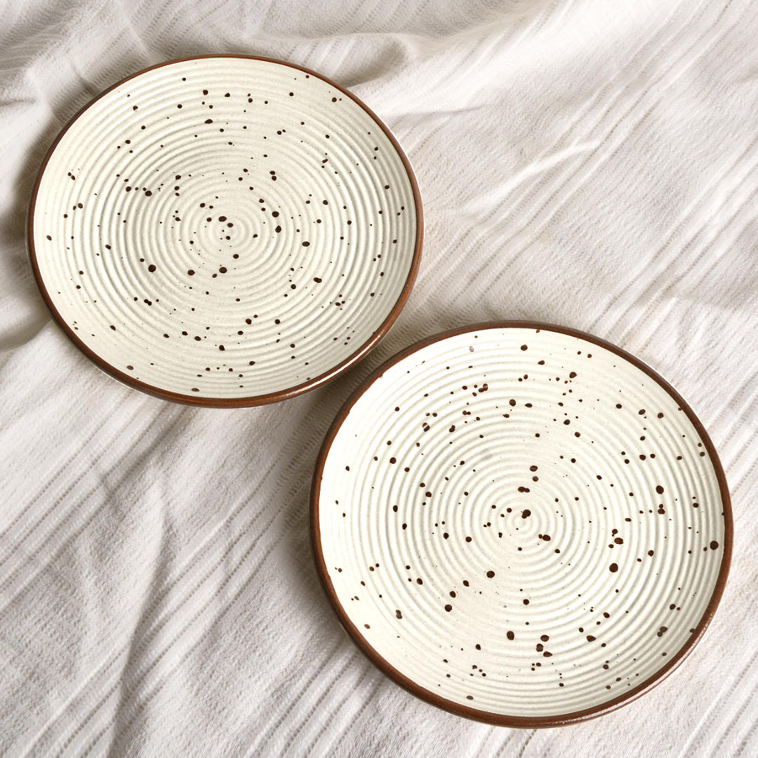 Ribbed Ceramic Quarter Plates with Brown Speckles (7 inches, Set of 2, Off White) - View 3