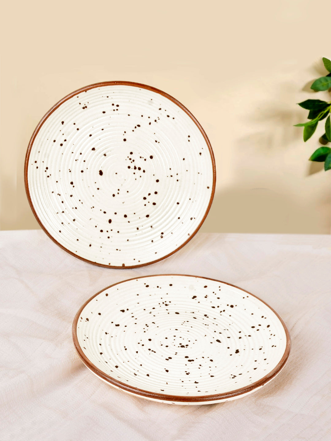 Ribbed Ceramic Quarter Plates with Brown Speckles (7 inches, Set of 2, Off White) - View 6
