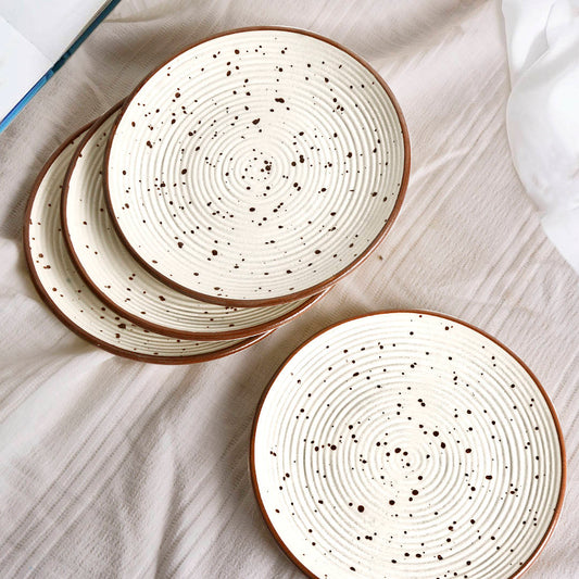 Ribbed Ceramic Quarter Plates with Brown Speckles (7 inches, Set of 4, Off White)