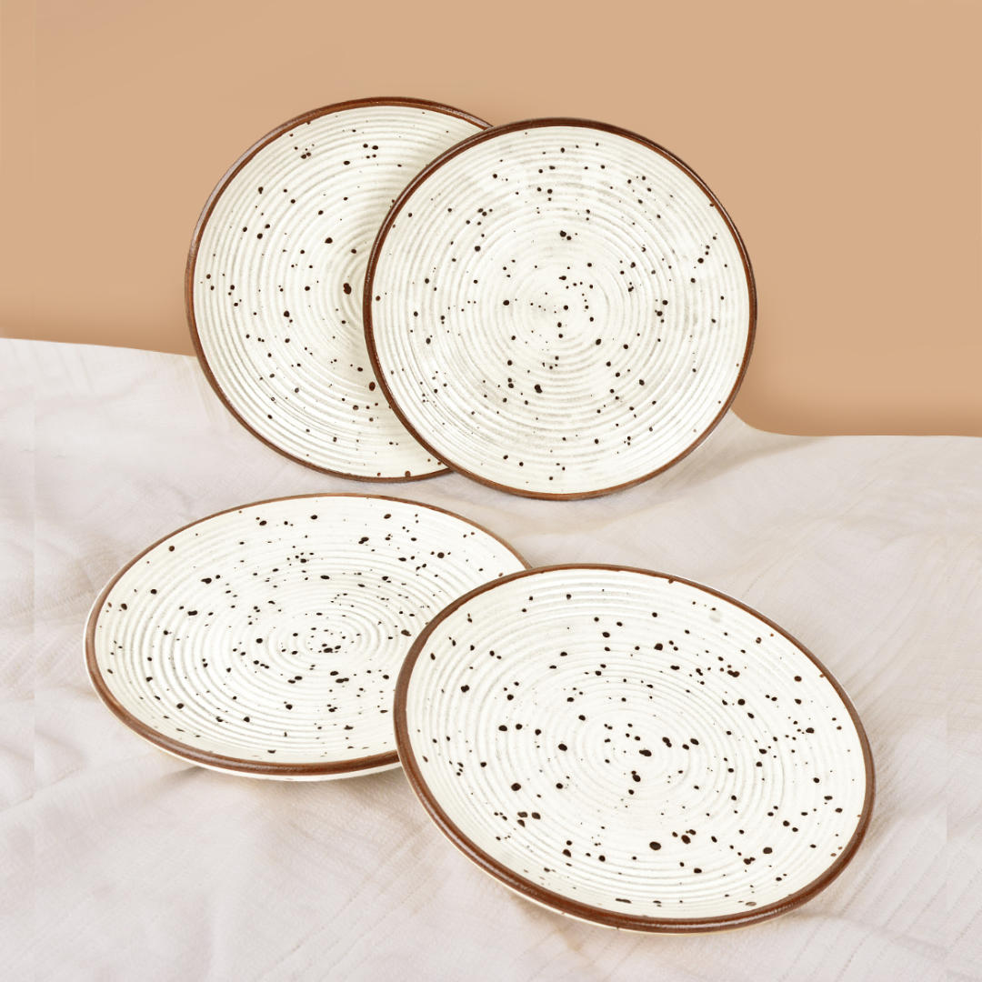 Ribbed Ceramic Quarter Plates with Brown Speckles (7 inches, Set of 4, Off White) - View 3