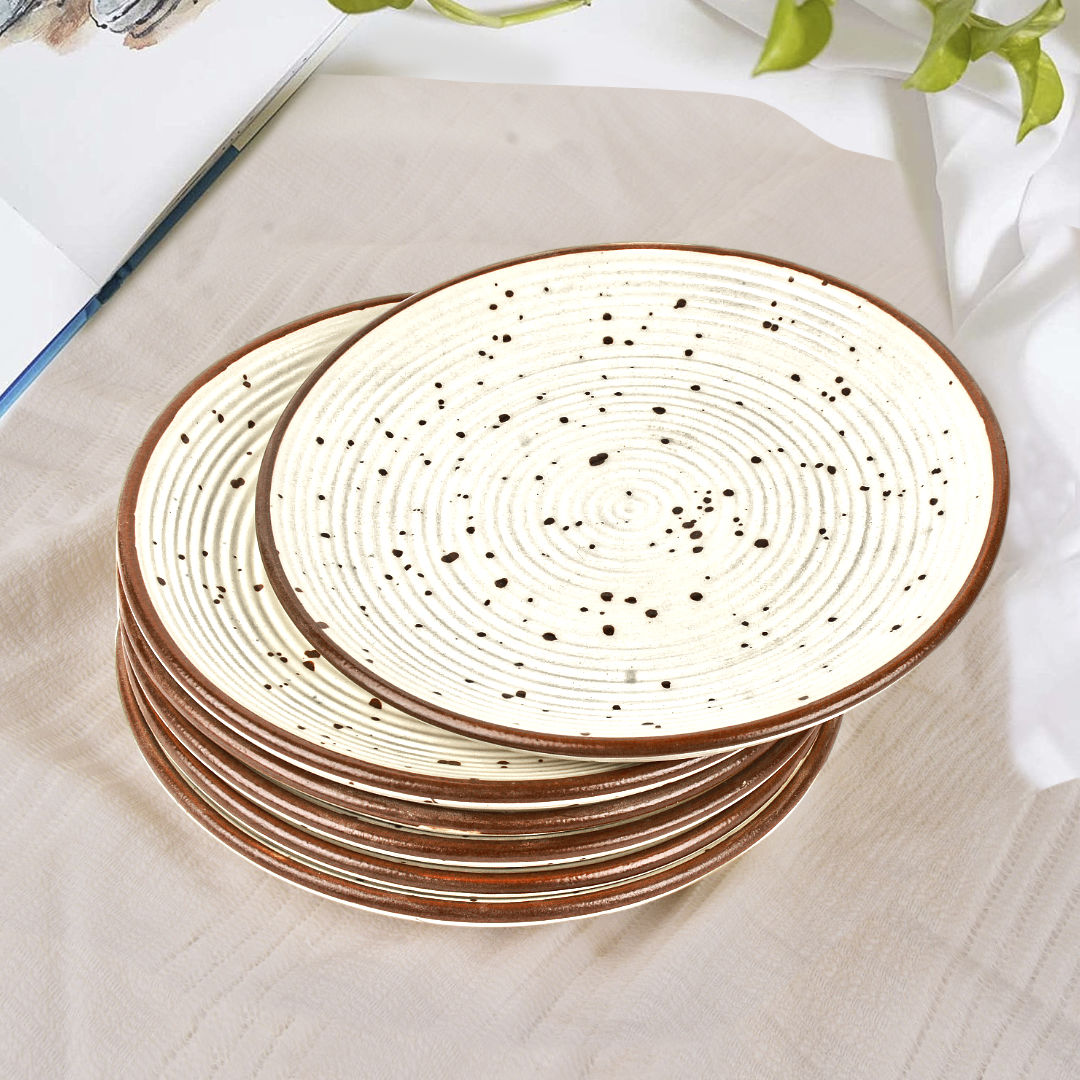 Ribbed Ceramic Quarter Plates with Brown Speckles (7 inches, Set of 6, Off White)