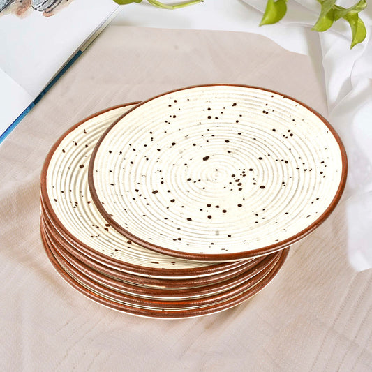 Ribbed Ceramic Quarter Plates with Brown Speckles (7 inches, Set of 6, Off White)