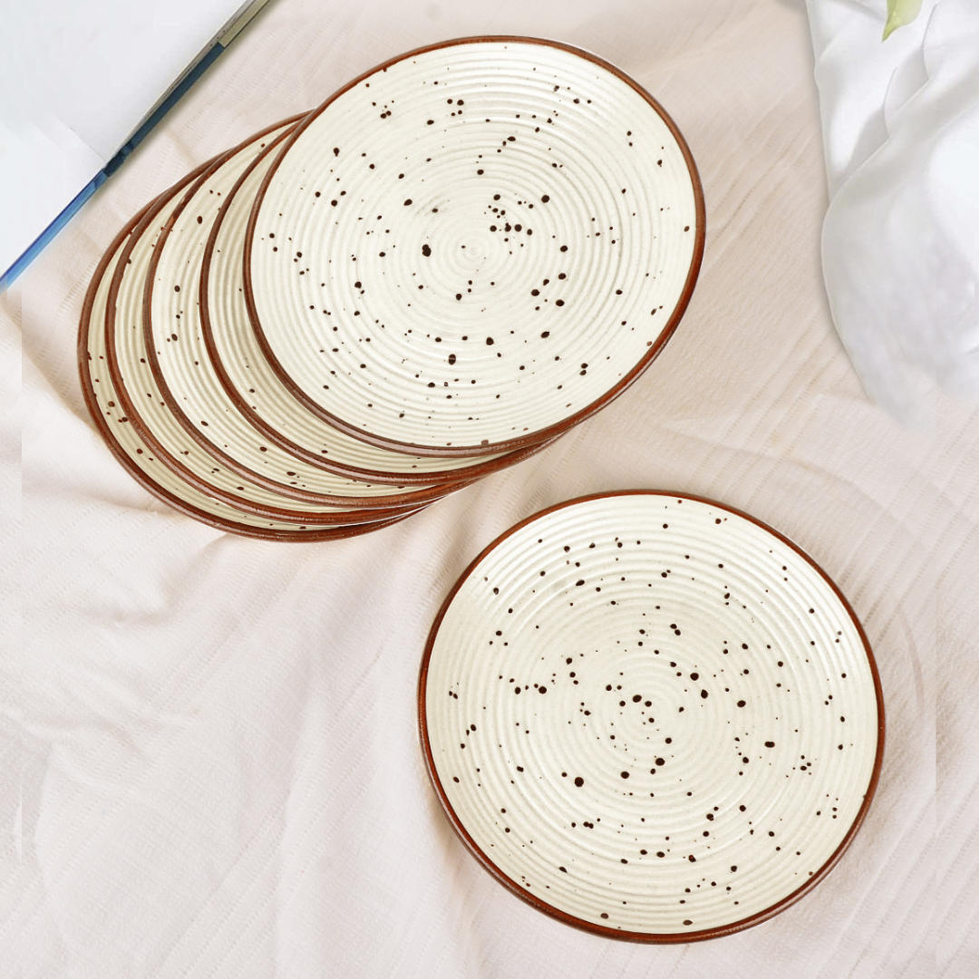 Ribbed Ceramic Quarter Plates with Brown Speckles (7 inches, Set of 6, Off White) - View 3