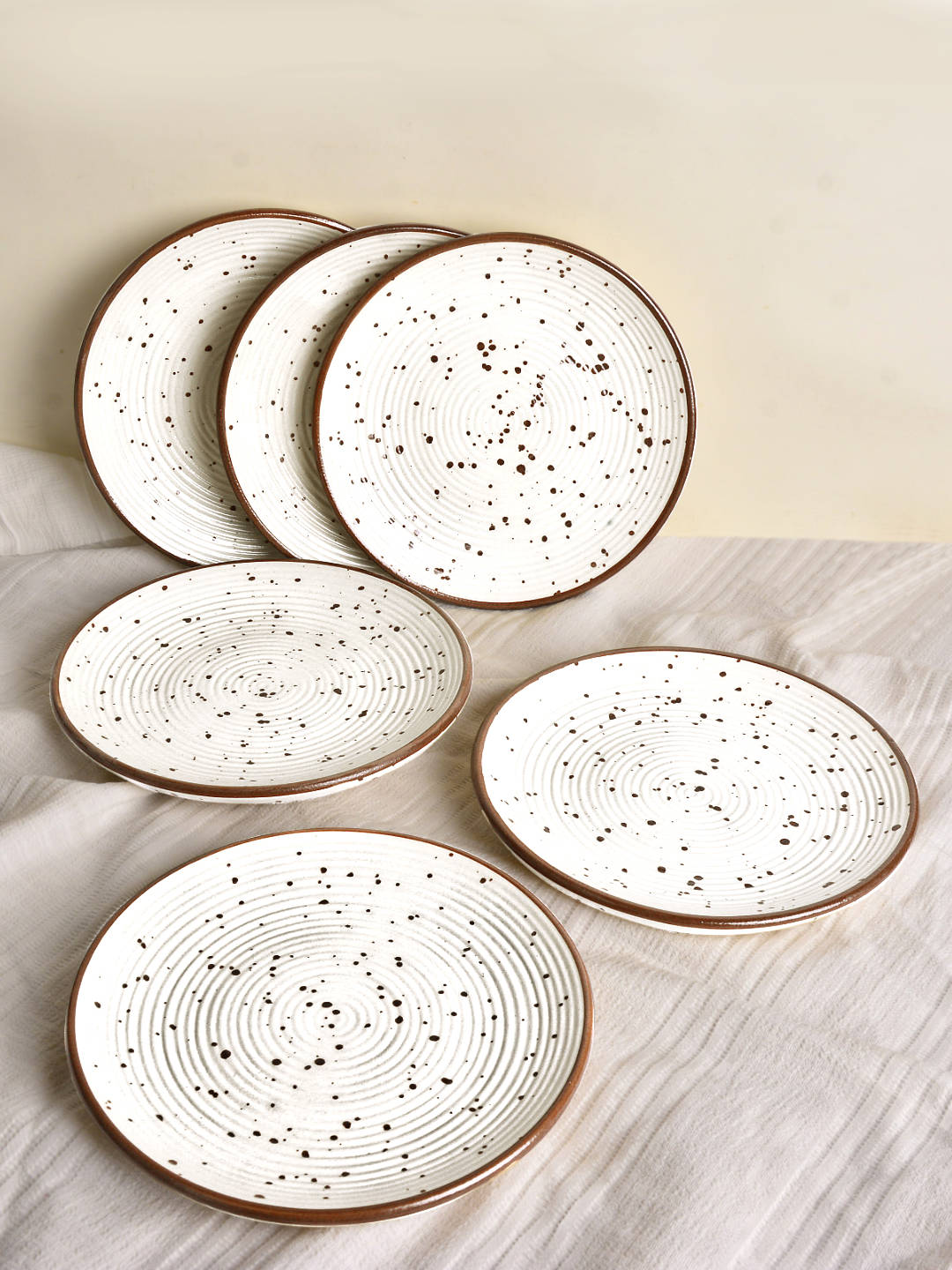 Ribbed Ceramic Quarter Plates with Brown Speckles (7 inches, Set of 6, Off White) - View 4