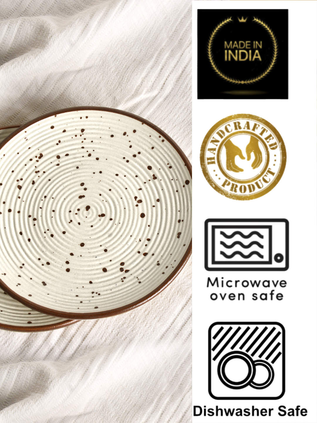 Ribbed Ceramic Quarter Plates with Brown Speckles (7 inches, Set of 6, Off White) - View 5