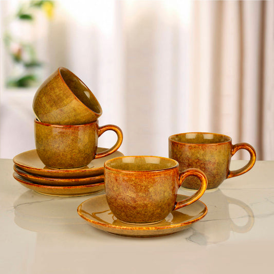Studio Pottery Ceramic Cups and Saucers (Set of 4, Brown Reactive Glaze, 250 ml each)