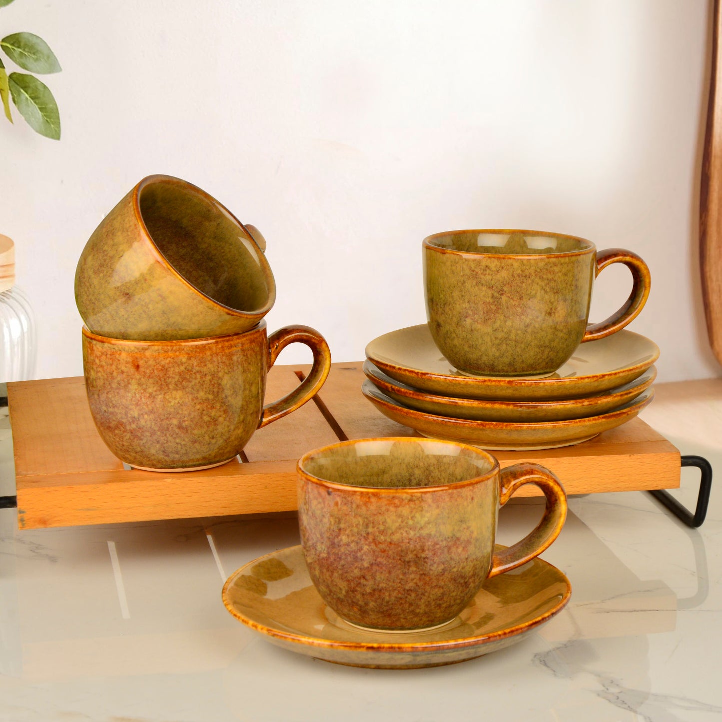 Studio Pottery Ceramic Cups and Saucers (Set of 4, Brown Reactive Glaze, 250 ml each) - View 3