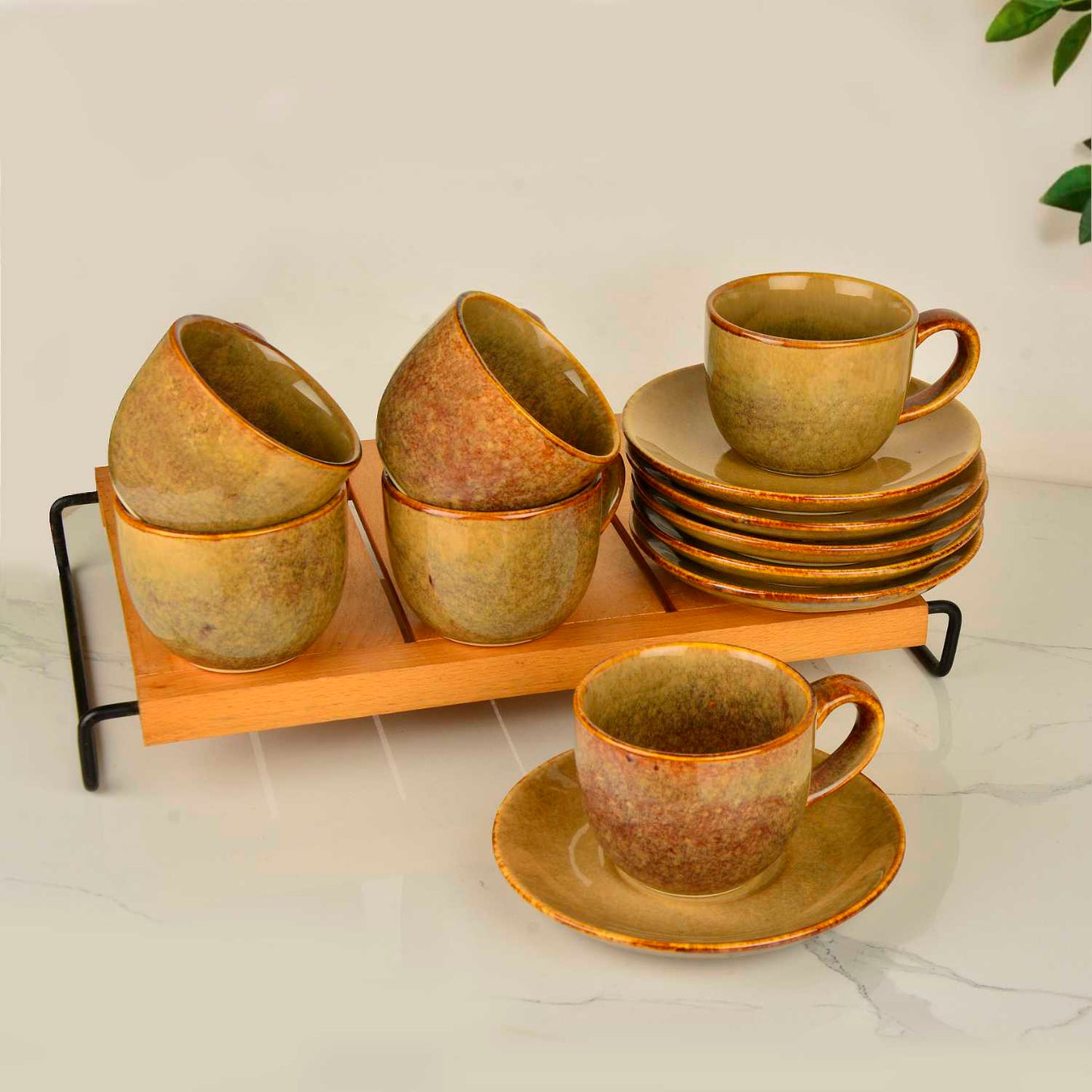 Studio Pottery Ceramic Cups and Saucers (Set of 6, Brown Reactive Glaze, 250 ml each)