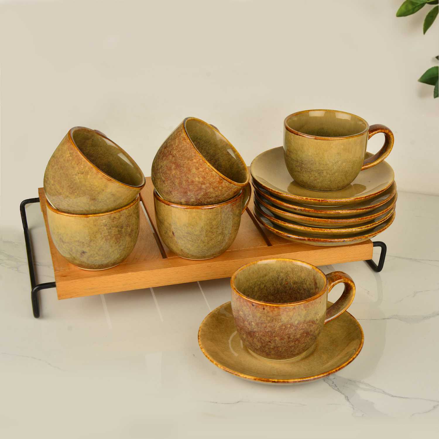 Studio Pottery Ceramic Cups and Saucers (Set of 6, Brown Reactive Glaze, 250 ml each)