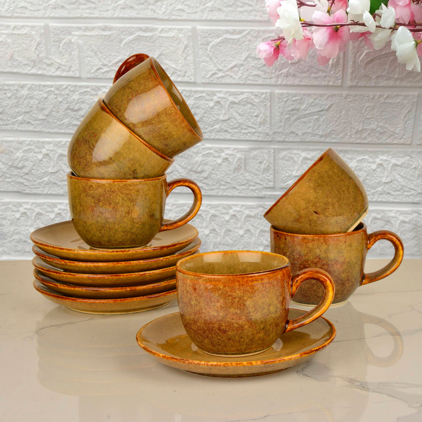Studio Pottery Ceramic Cups and Saucers (Set of 6, Brown Reactive Glaze, 250 ml each) - View 3