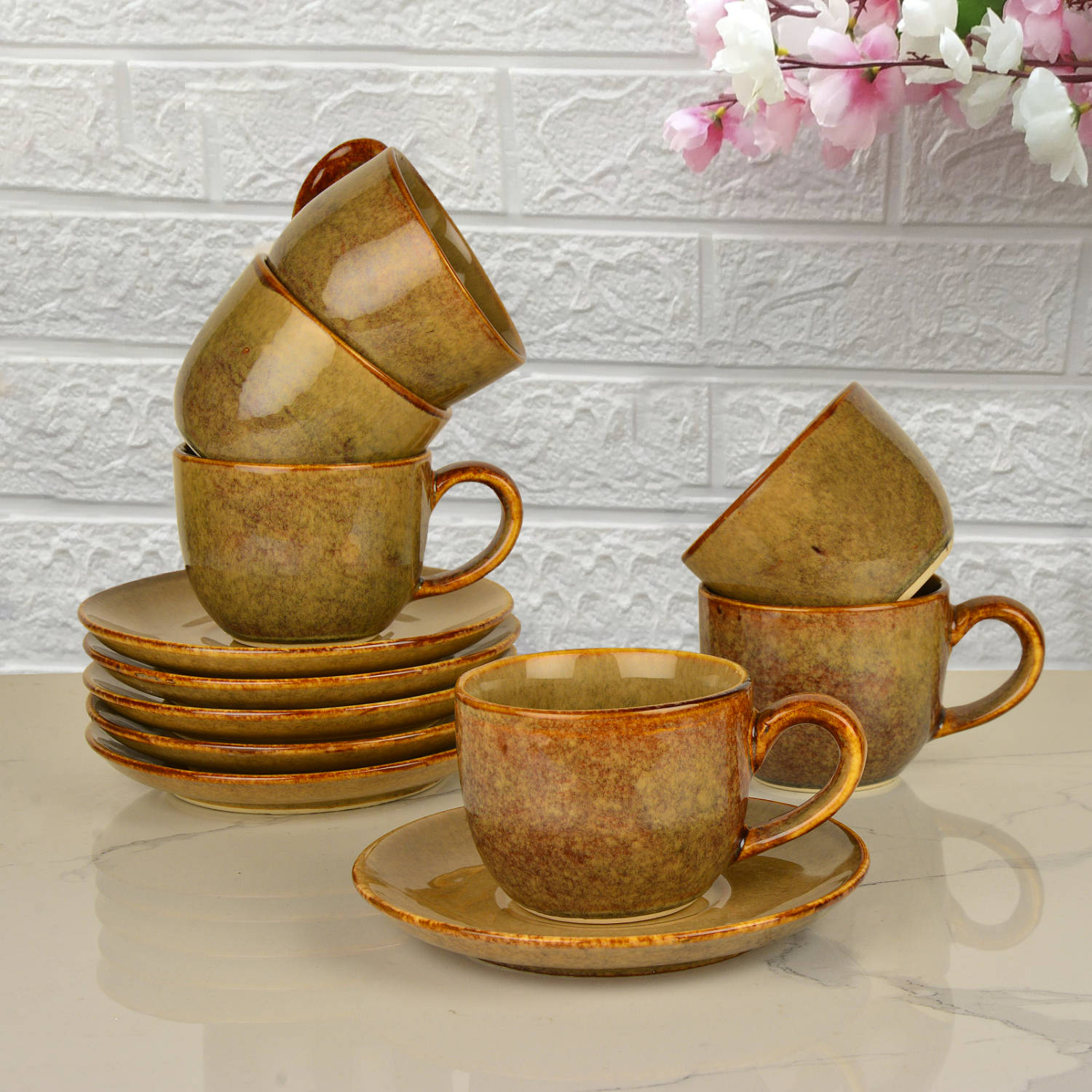 Studio Pottery Ceramic Cups and Saucers (Set of 6, Brown Reactive Glaze, 250 ml each) - View 3