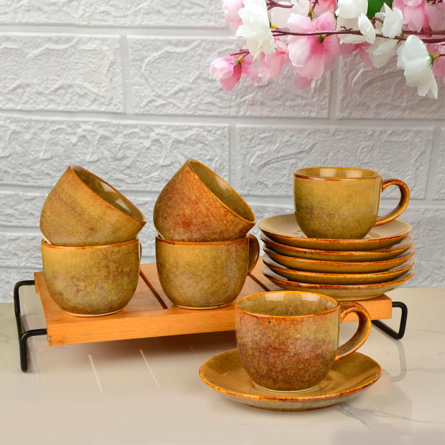 Studio Pottery Ceramic Cups and Saucers (Set of 6, Brown Reactive Glaze, 250 ml each) - View 4