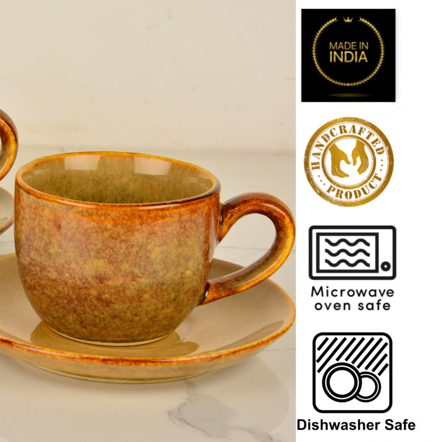 Studio Pottery Ceramic Cups and Saucers (Set of 6, Brown Reactive Glaze, 250 ml each) - View 5