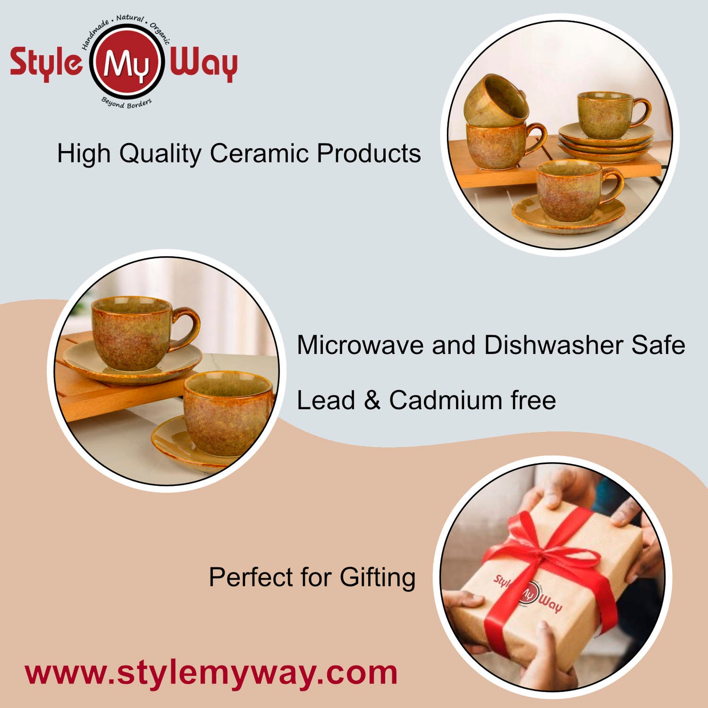 Studio Pottery Ceramic Cups and Saucers (Set of 6, Brown Reactive Glaze, 250 ml each) - View 6