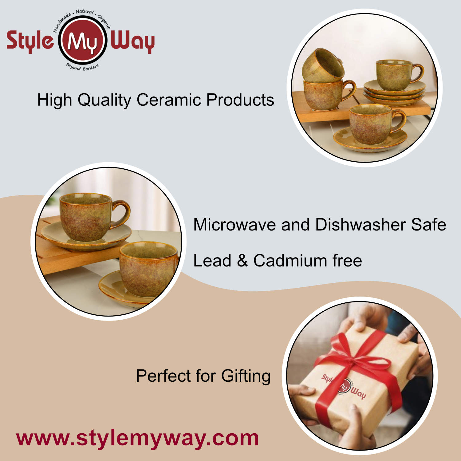 Studio Pottery Ceramic Cups and Saucers (Set of 6, Brown Reactive Glaze, 250 ml each) - View 6