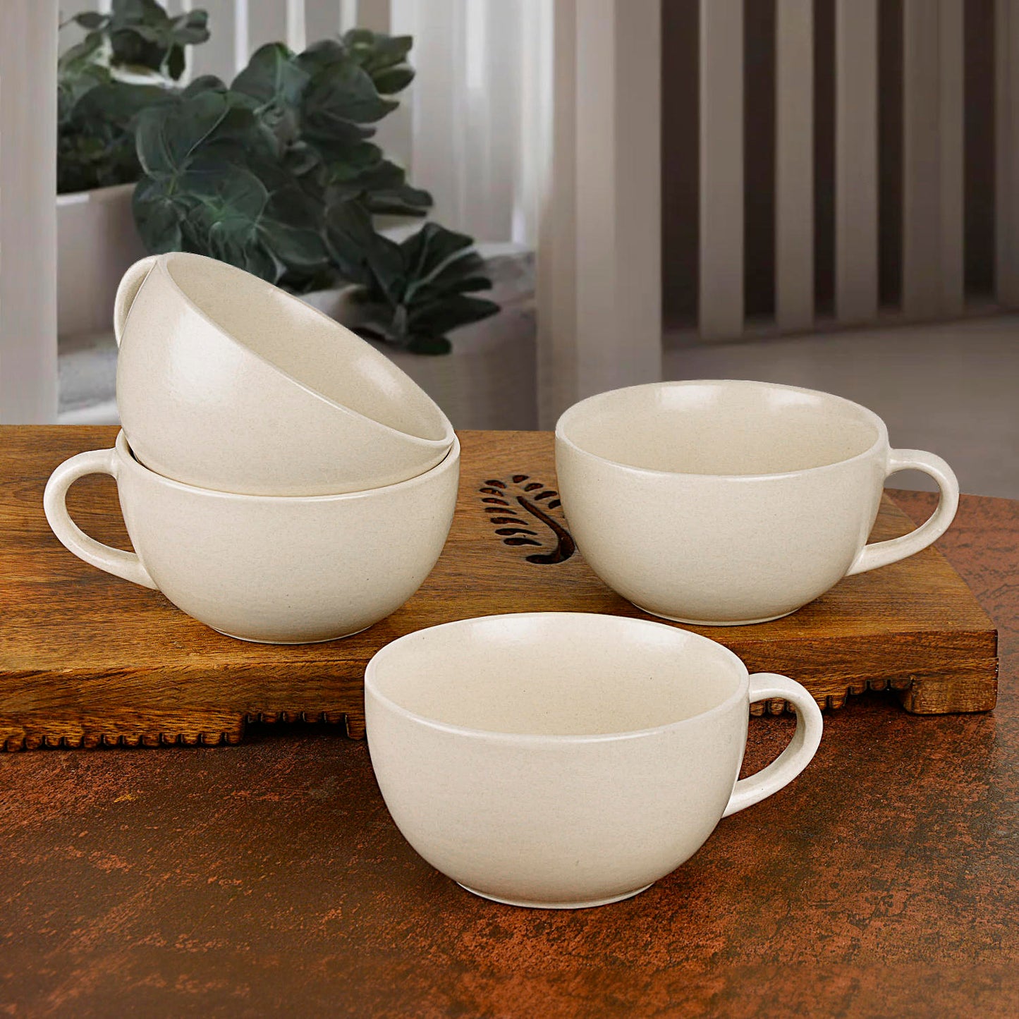 Ceramic Glossy Finish Soup Cups with Handle (280 ml , Set of 4, Off White)