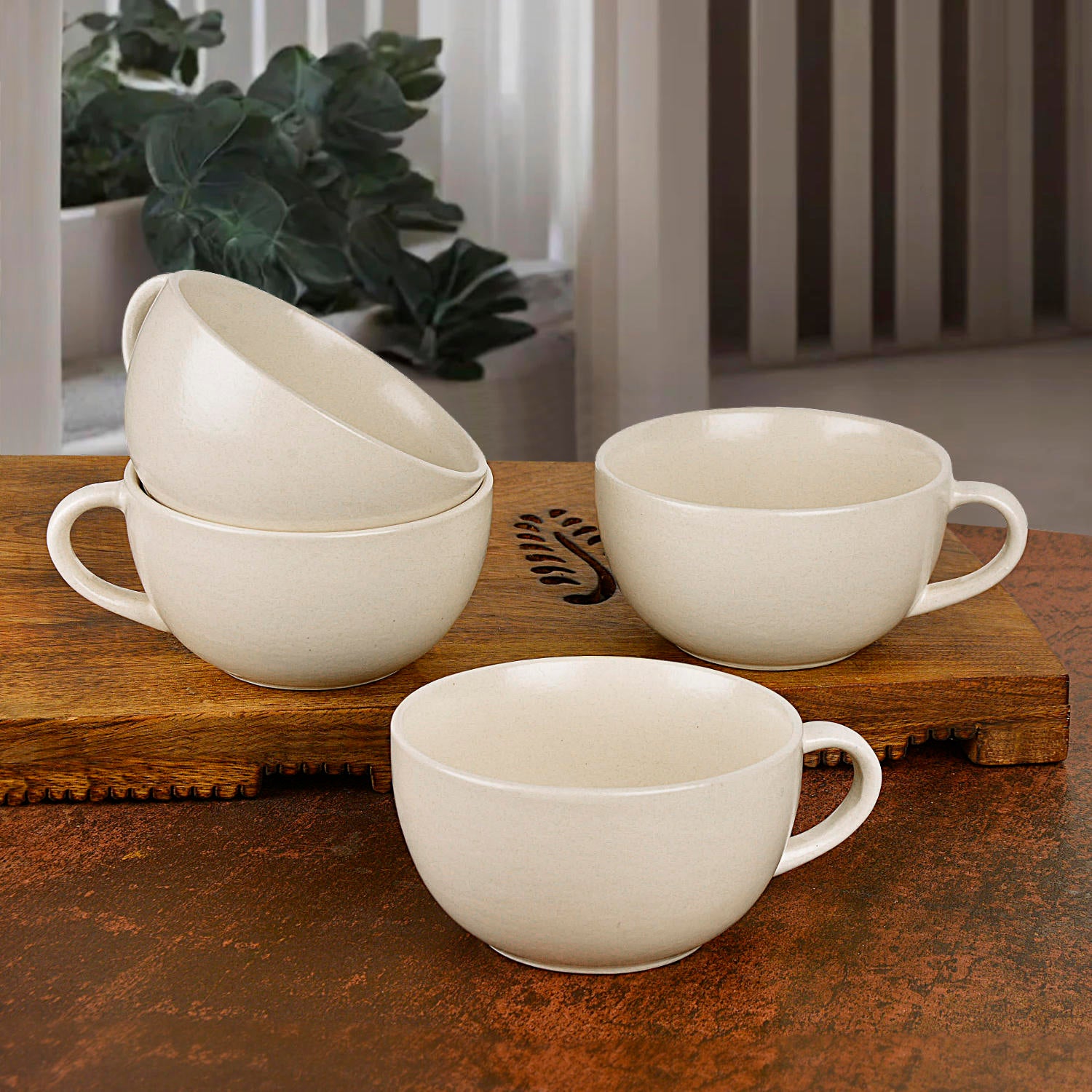 Ceramic Glossy Finish Soup Cups with Handle (280 ml , Set of 4, Off White)