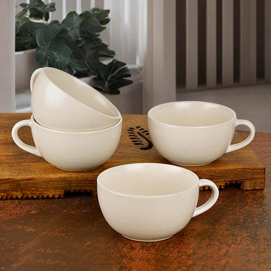 Ceramic Glossy Finish Soup Cups with Handle (280 ml , Set of 4, Off White)