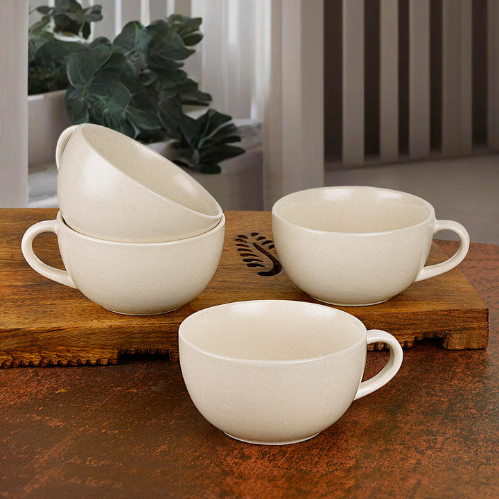 Ceramic Glossy Finish Soup Cups with Handle (280 ml , Set of 4, Off White)
