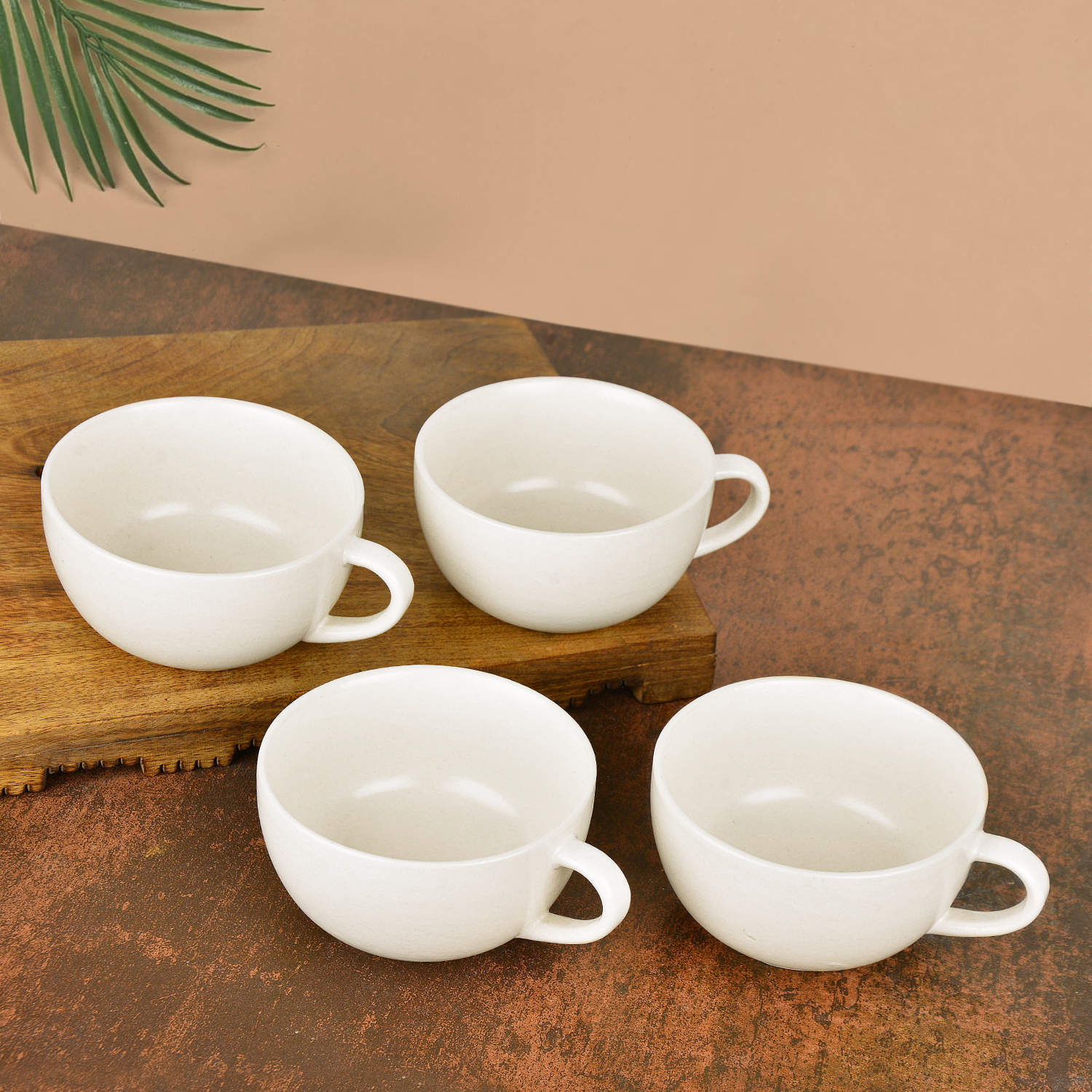 Ceramic Glossy Finish Soup Cups with Handle (280 ml , Set of 4, Off White) - View 3