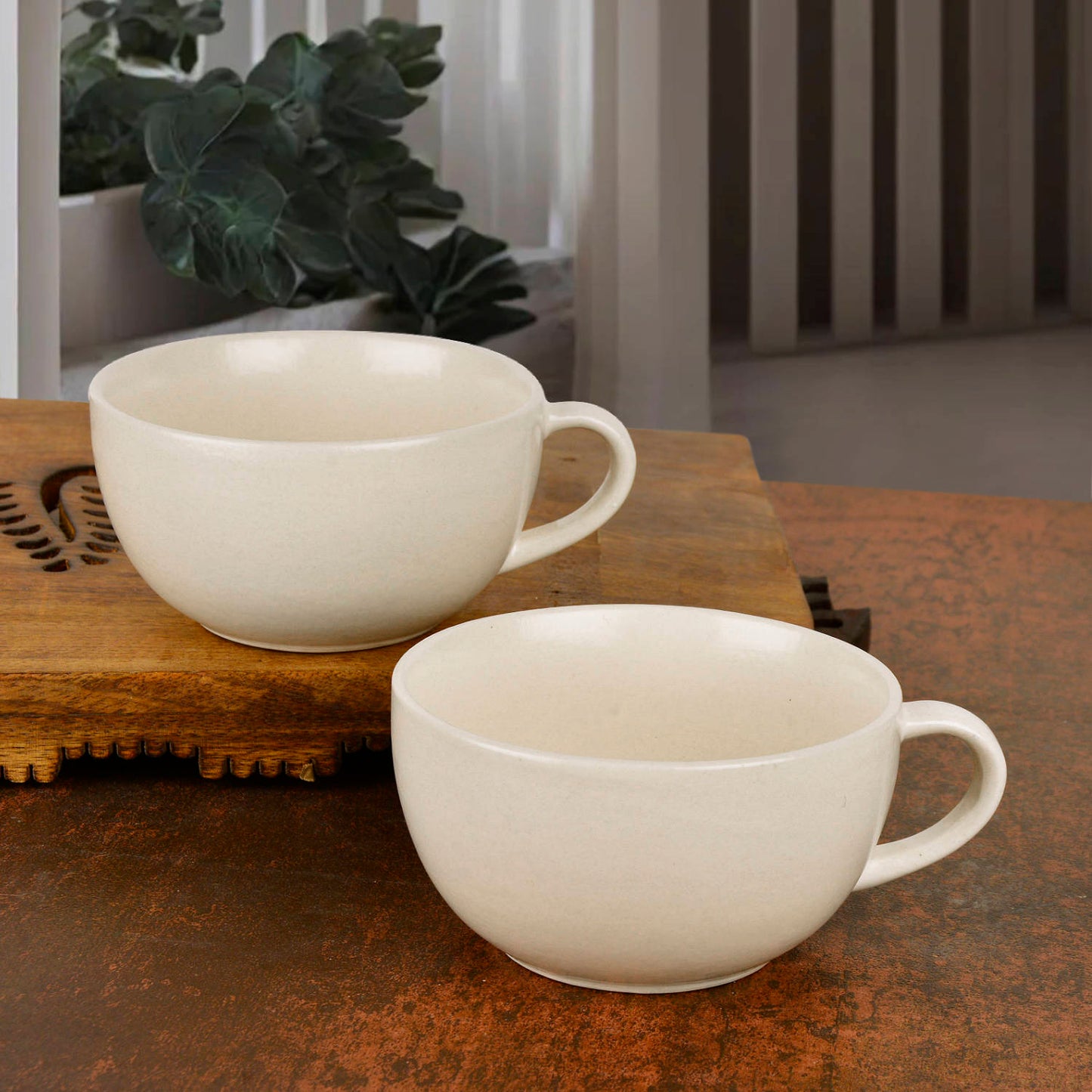 Ceramic Glossy Finish Soup Cups with Handle (280 ml , Set of 4, Off White) - View 4