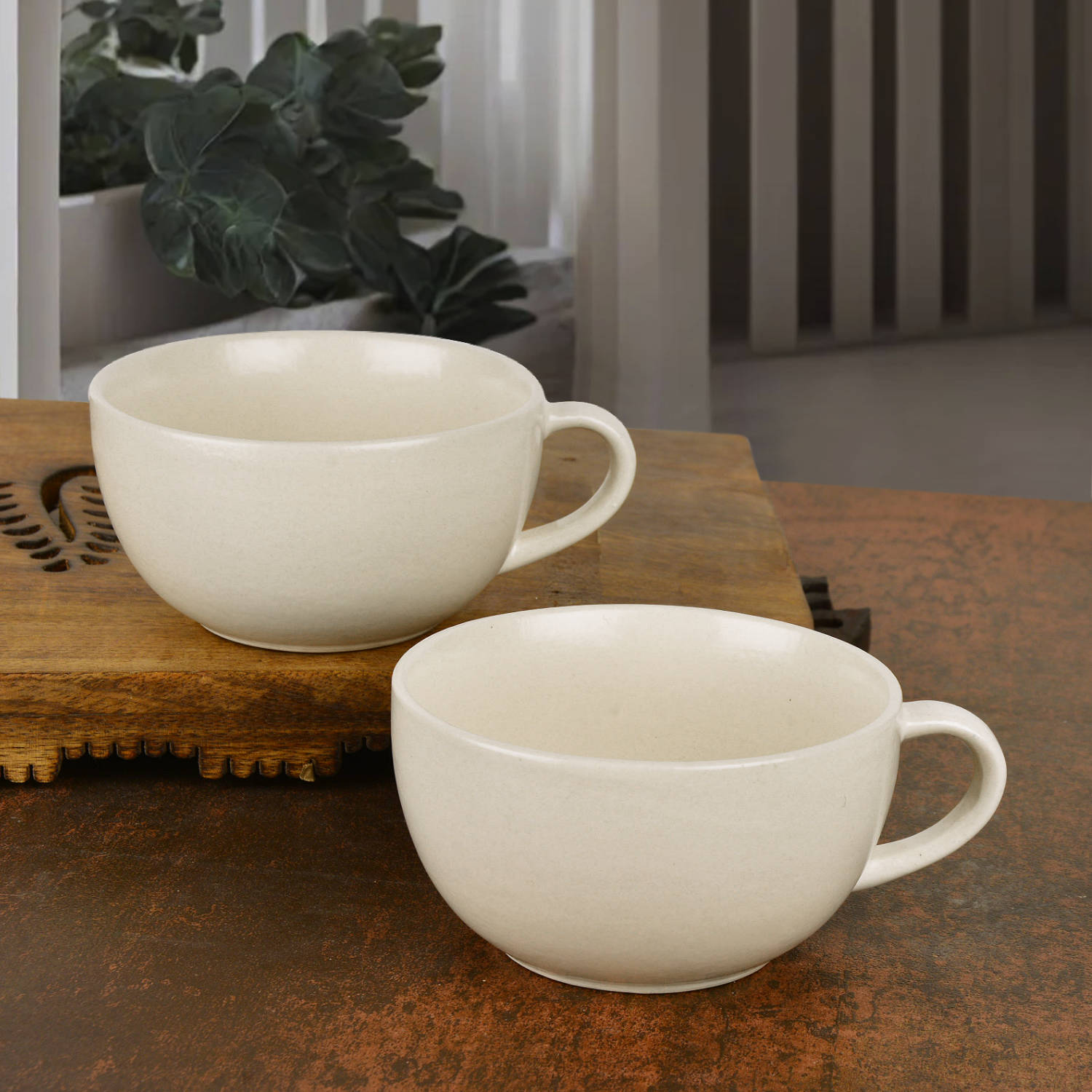 Ceramic Glossy Finish Soup Cups with Handle (280 ml , Set of 4, Off White) - View 4