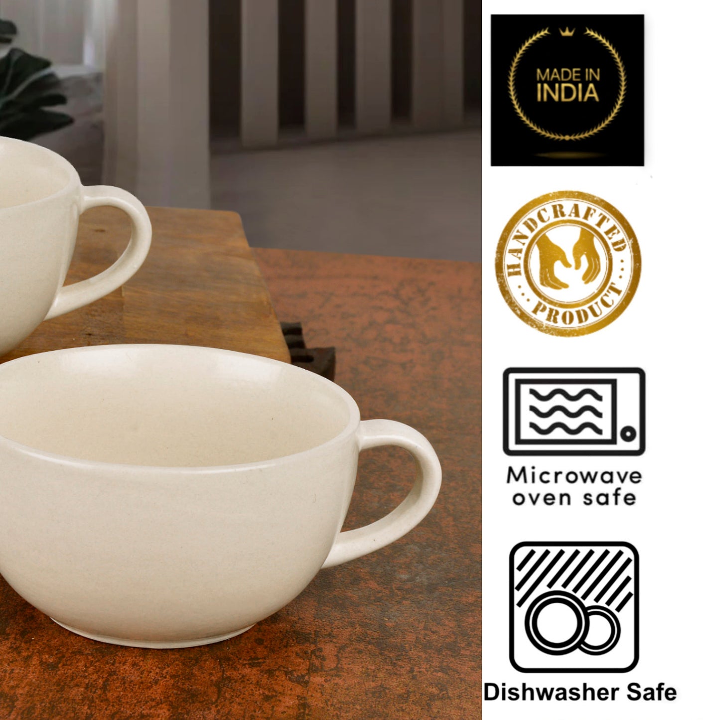 Ceramic Glossy Finish Soup Cups with Handle (280 ml , Set of 4, Off White) - View 5