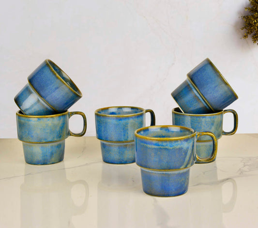 Studio Pottery Stackable Ceramic Coffee Mugs (200 ml, Set of 6, Teal Green)