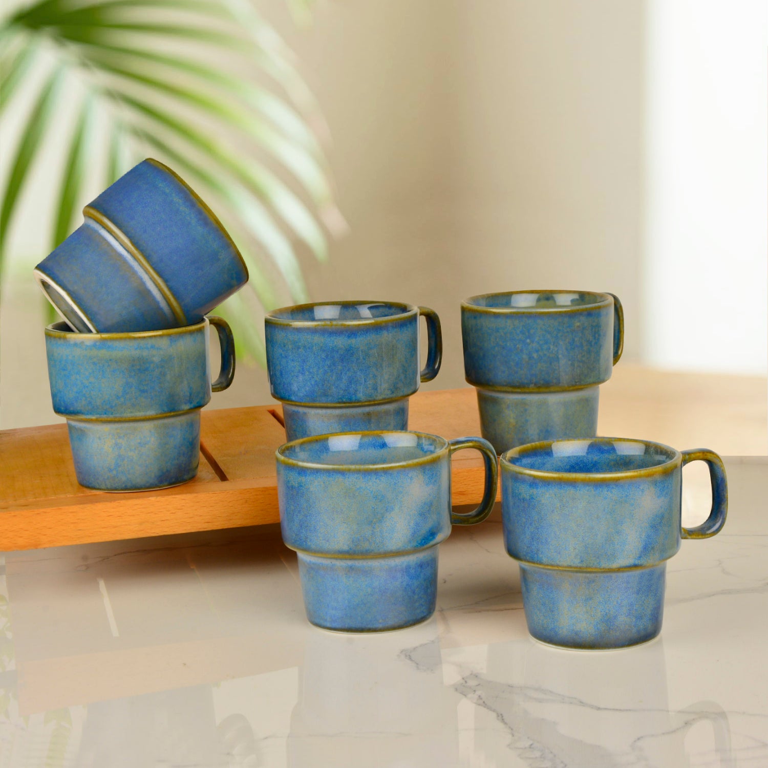 Studio Pottery Stackable Ceramic Coffee Mugs (200 ml, Set of 6, Teal Green) - View 4