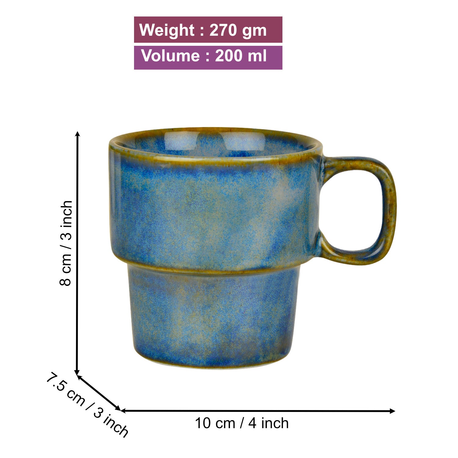 Studio Pottery Stackable Ceramic Coffee Mugs (200 ml, Set of 6, Teal Green) - View 2