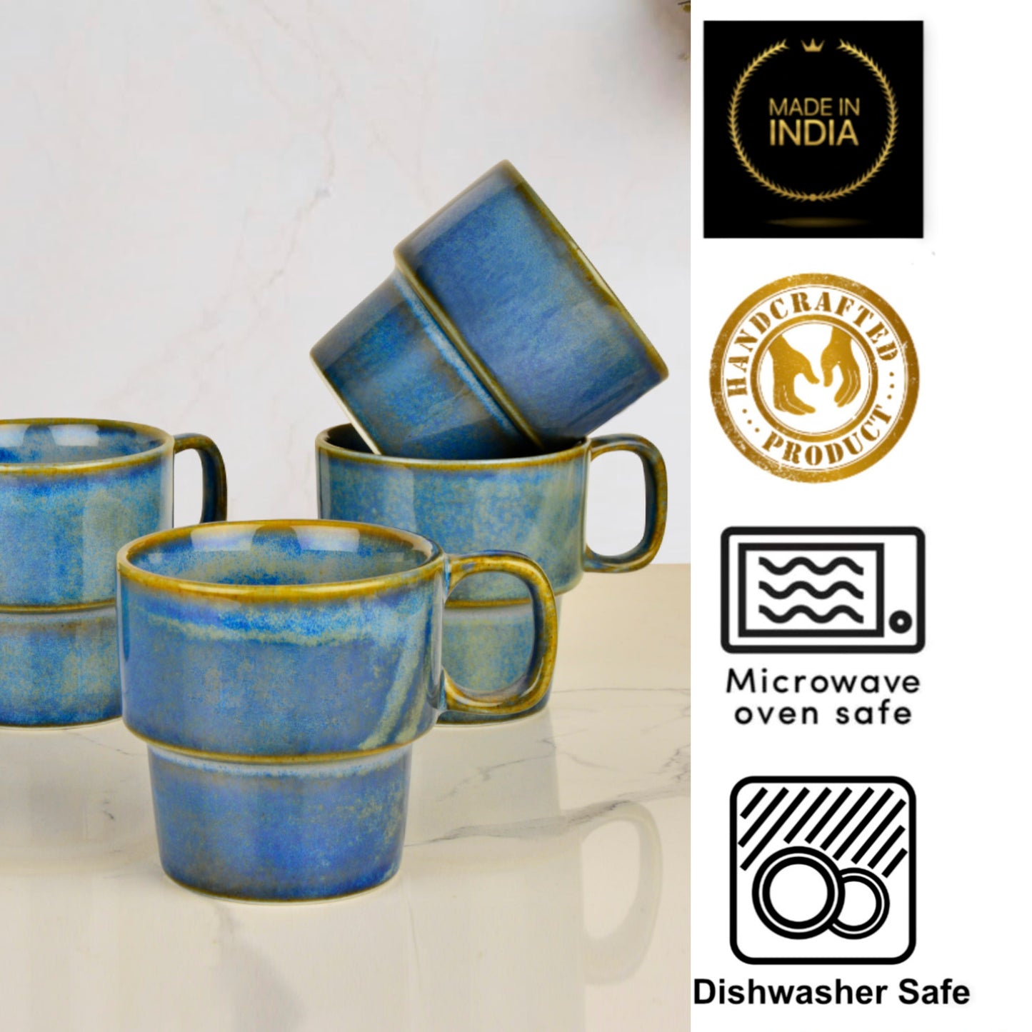 Studio Pottery Stackable Ceramic Coffee Mugs (200 ml, Set of 6, Teal Green) - View 5
