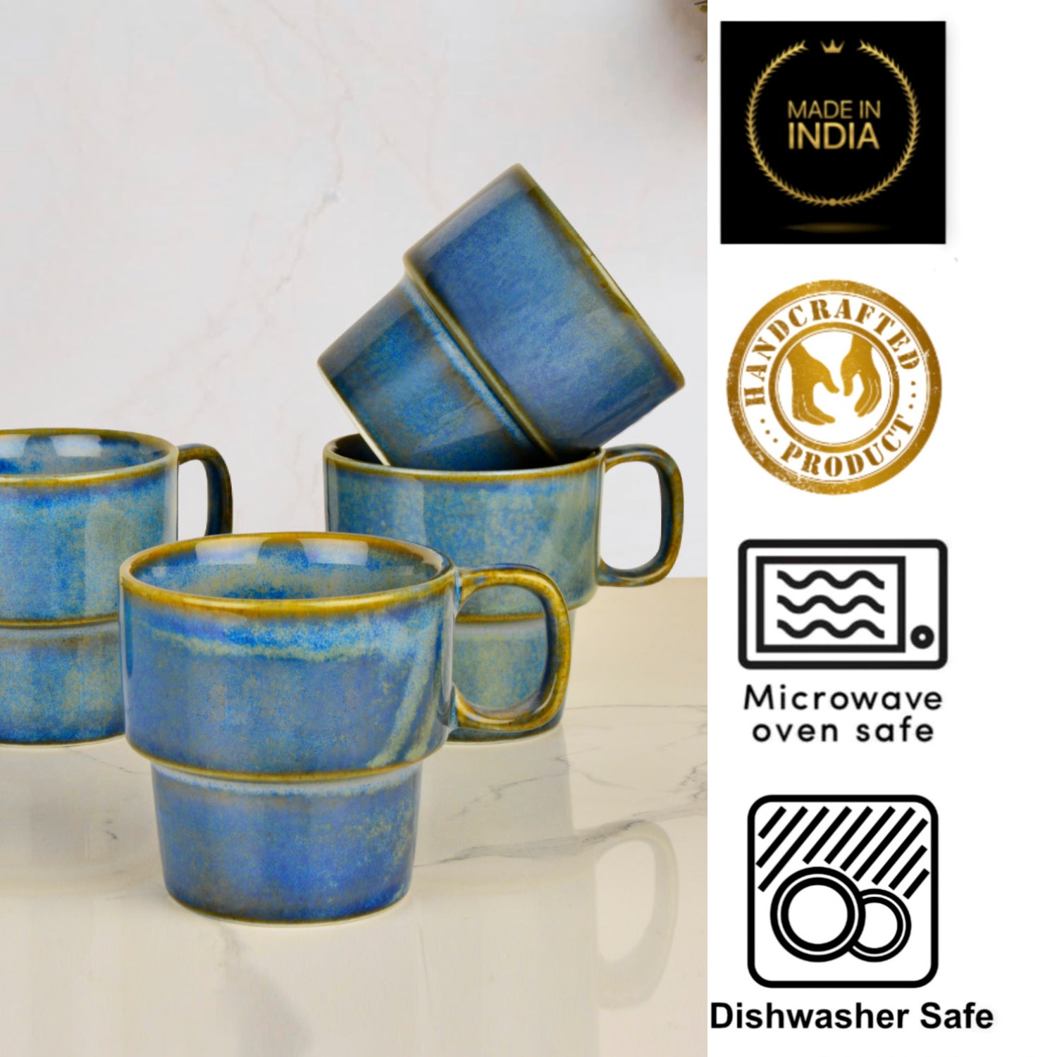 Studio Pottery Stackable Ceramic Coffee Mugs (200 ml, Set of 6, Teal Green) - View 5