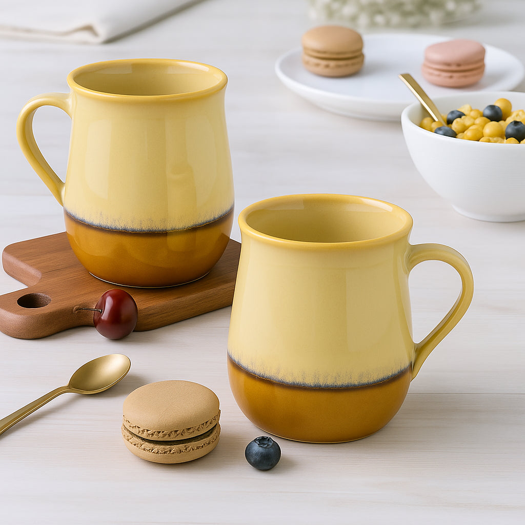 Studio Pottery Ceramic Coffee Mugs (400 ml, Ivory & Mustard Yellow Gradient Glaze, Set of 2)