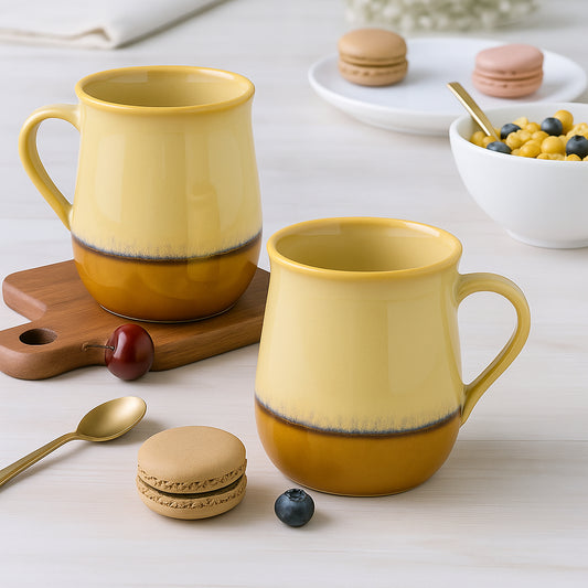Studio Pottery Ceramic Coffee Mugs (400 ml, Ivory & Mustard Yellow Gradient Glaze, Set of 2)
