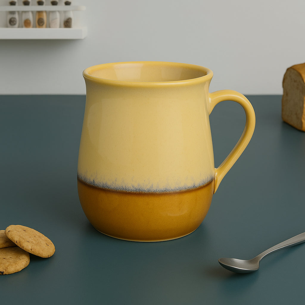 Studio Pottery Ceramic Coffee Mugs (400 ml, Ivory & Mustard Yellow Gradient Glaze, Set of 2) - View 3