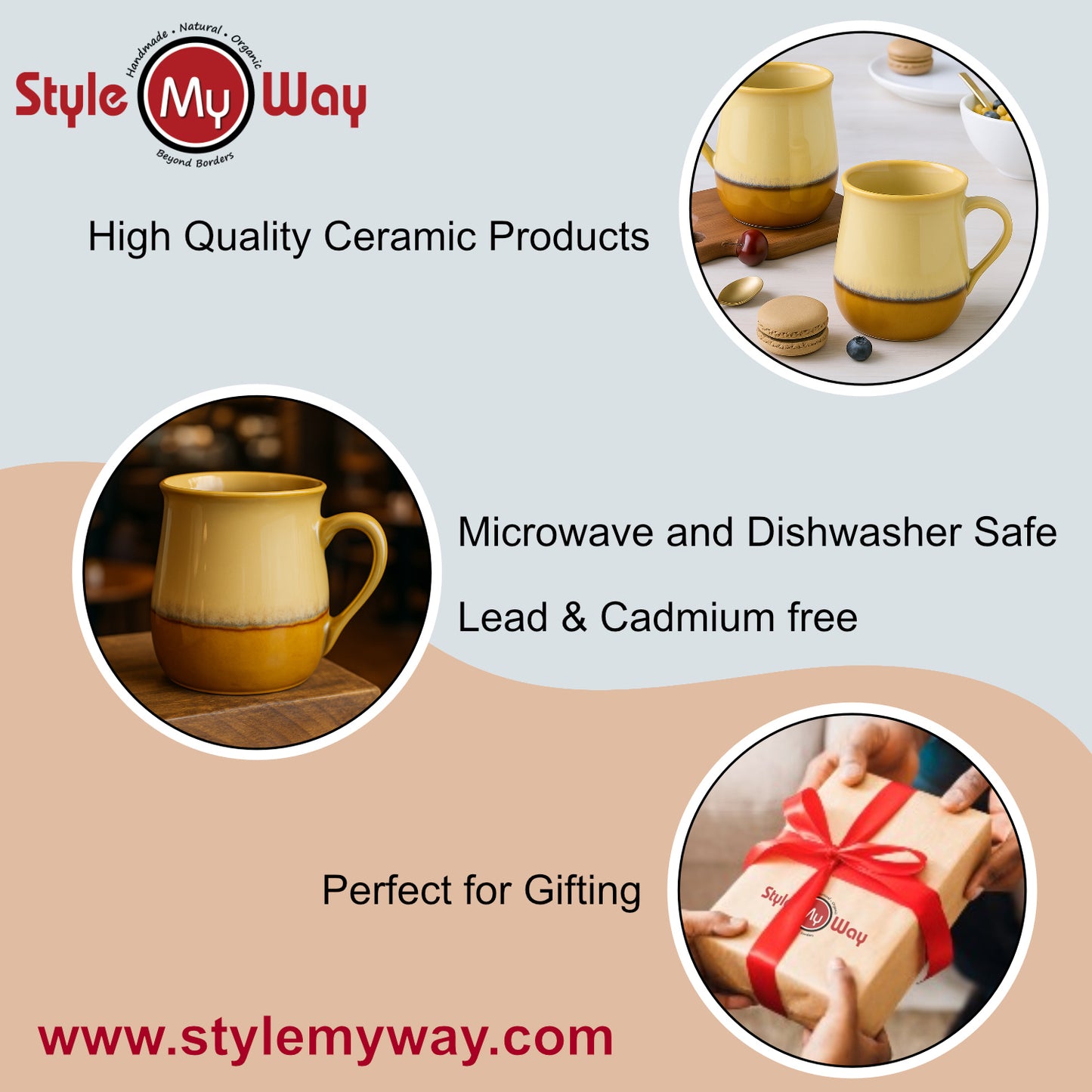 Studio Pottery Ceramic Coffee Mugs (400 ml, Ivory & Mustard Yellow Gradient Glaze, Set of 2) - View 4