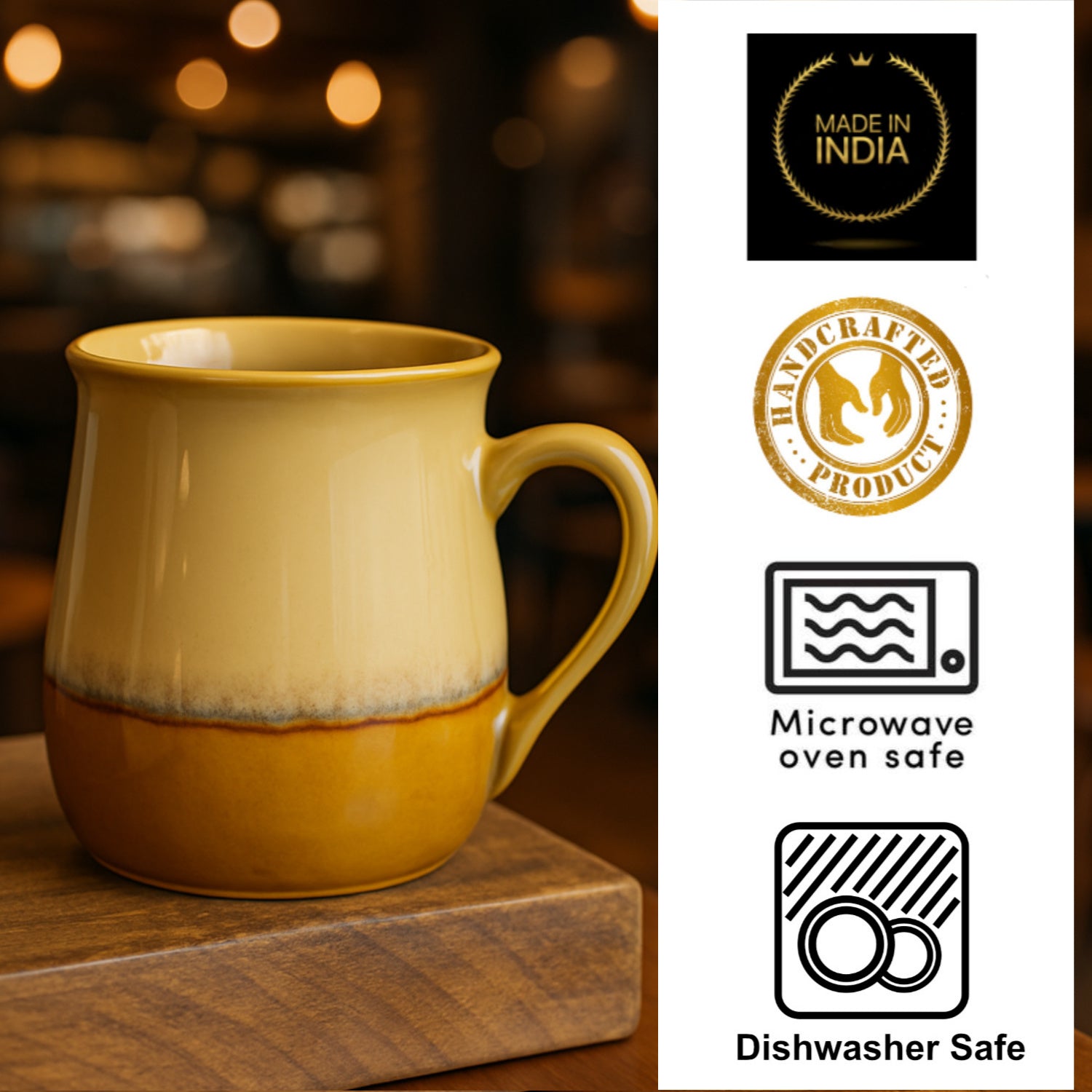 Studio Pottery Ceramic Coffee Mugs (400 ml, Ivory & Mustard Yellow Gradient Glaze, Set of 2) - View 5