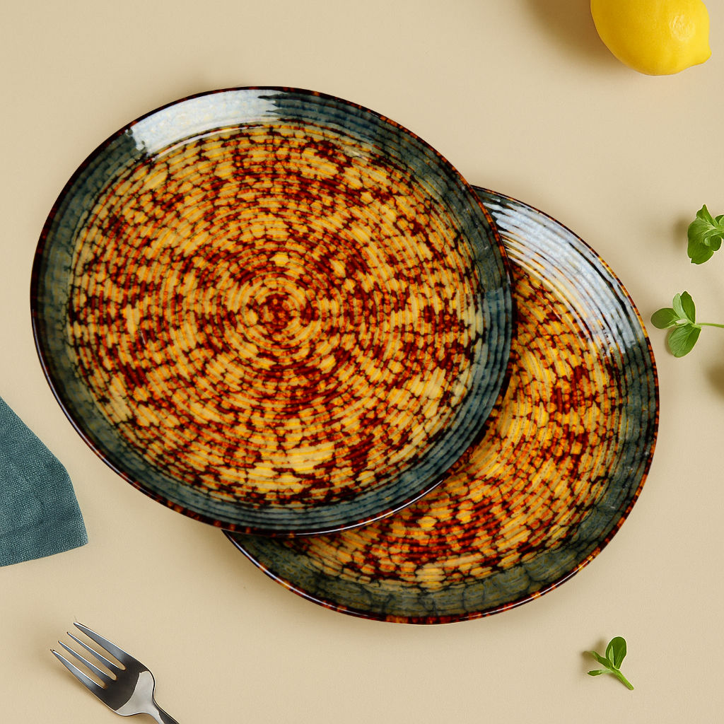 "Autumn Glow Collection" Ribbed Ceramic Dinner Plates (Amber Green, Brown, Set of 2, 10 inches) - View 2