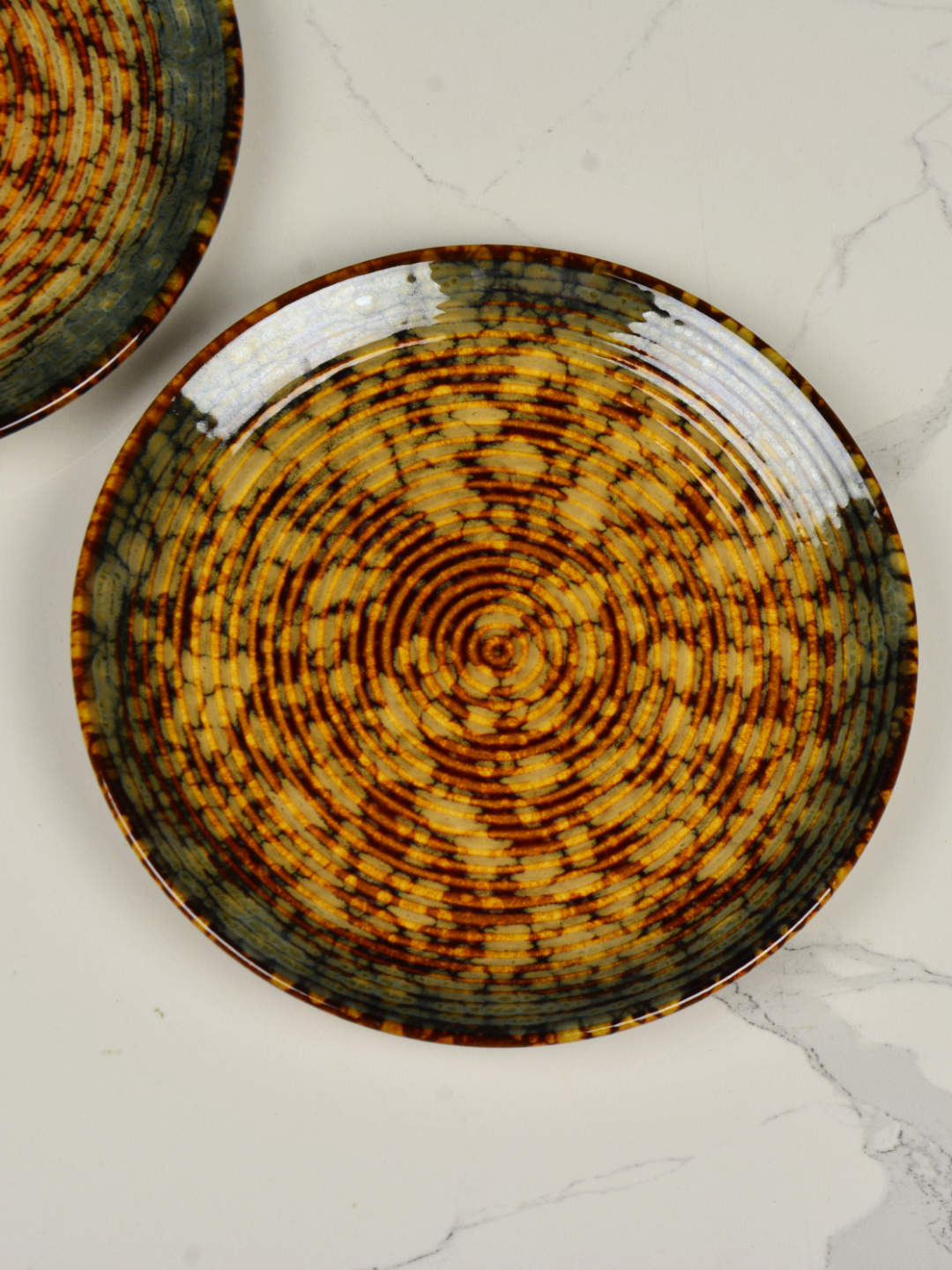 "Autumn Glow Collection" Ribbed Ceramic Dinner Plates (Amber Green, Brown, Set of 2, 10 inches) - View 6