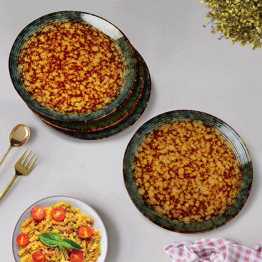 Studio Pottery Ribbed Ceramic Dinner Plates (Amber Green, Brown, Set of 4, 10 inches)