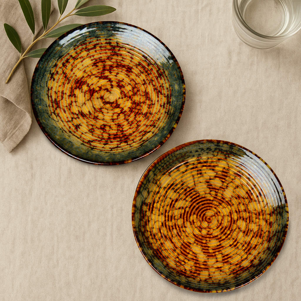 Studio Pottery Ribbed Ceramic Dinner Plates (Amber Green, Brown, Set of 4, 10 inches) - View 2