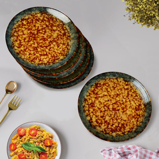 "Autumn Glow Collection" Ribbed Ceramic Dinner Plates (Amber Green, Brown, Set of 6, 10 inches)