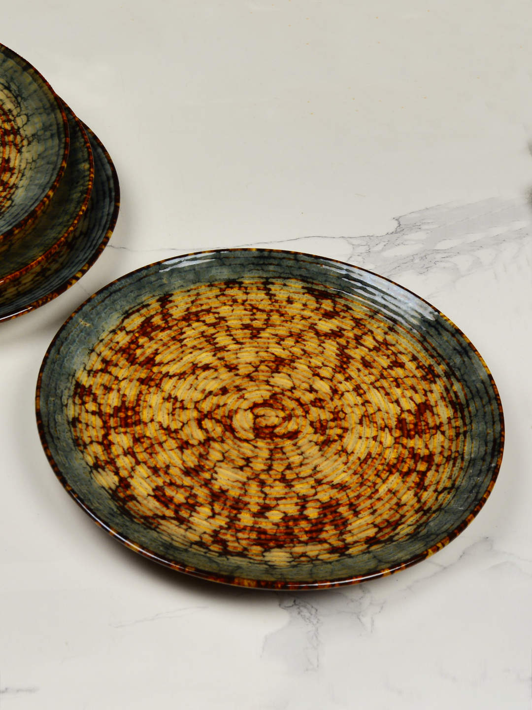 "Autumn Glow Collection" Ribbed Ceramic Dinner Plates (Amber Green, Brown, Set of 6, 10 inches) - View 3