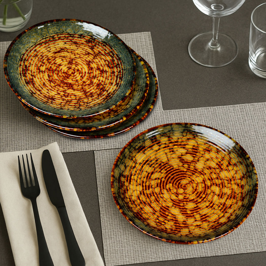 "Autumn Glow Collection" Ribbed Ceramic Quarter Plates with Luxury Amber Green Glaze (7 inches, Set of 4)