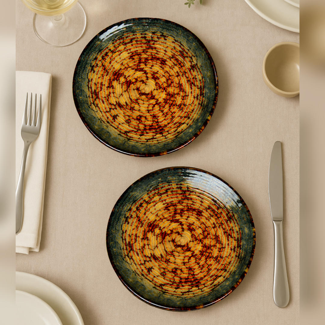"Autumn Glow Collection" Ribbed Ceramic Quarter Plates with Luxury Amber Green Glaze (7 inches, Set of 4) - View 3