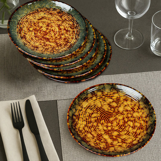 "Autumn Glow Collection" Ribbed Ceramic Quarter Plates with Luxury Amber Green Glaze (7 inches, Set of 6)